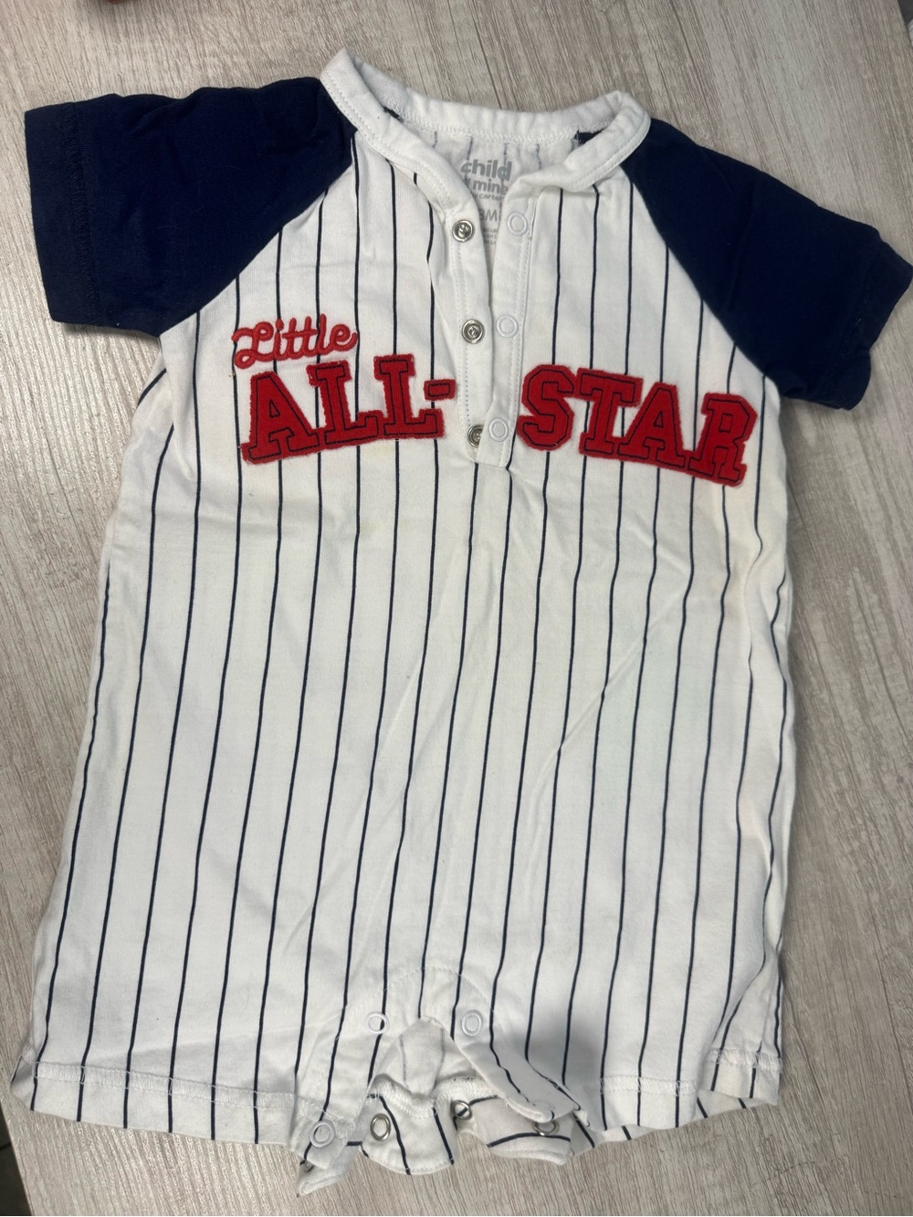 child of mine Navy & White Pinstripe "Little All-Star" Short Sleeve Romper